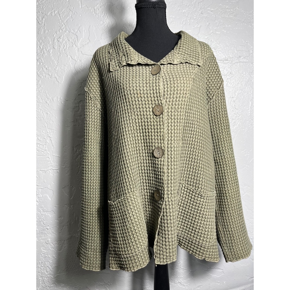 Focus M Sage Green Waffle Knit Cotton Button Front Jacket Cardigan Lagenlook